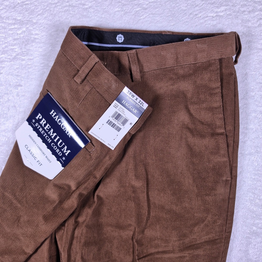 NEW Haggar Premium Stretch Cord Classic Fit Mens 38/32 Camel Brown HC00229 $80